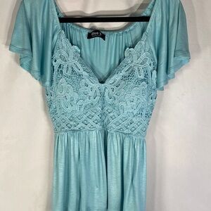 Blue B Light Blue Lace Crochet V-Neck Flutter Sleeve Peplum Top-Size Large